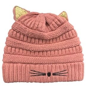 David and Young Girls Pink Knit Cat Ear Beanie Hat Glitter Gold Sparkle